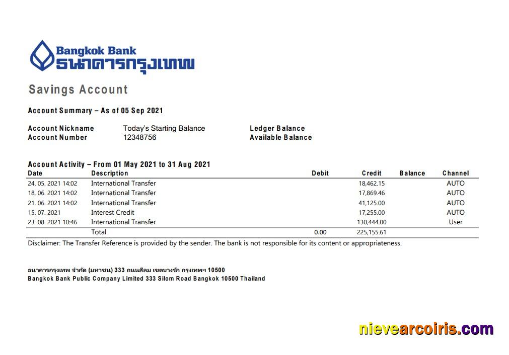 Thailand Bangkok bank statement easy to fill in Excel and PDF format